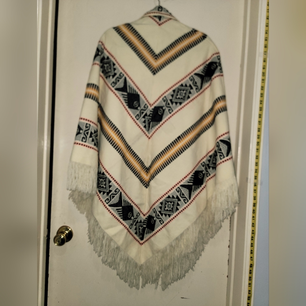 Geometric Patterned Fringe Poncho Handmade In Mexico - Picture 2 of 5